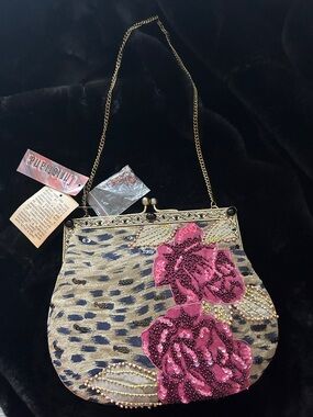 Christiana Pink Floral Beaded Evening Clutch with Gold Chain